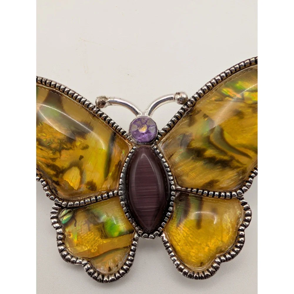 Butterfly Brooch Gold Tone Iridescent Enamel Purple Cabochon Rhinestone Accent